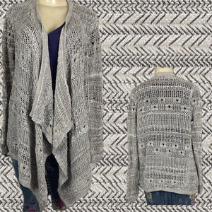 DKNY Jeans M Gray Metallic Gold Open Weave Draped Open Front Long Sleeve Sweater